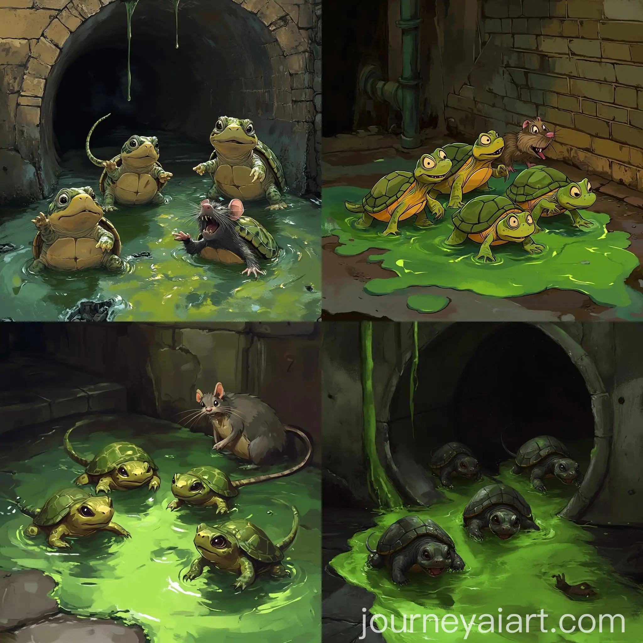 Cartoon-Turtles-and-Rat-in-Poisonous-Green-Sewer-Puddle