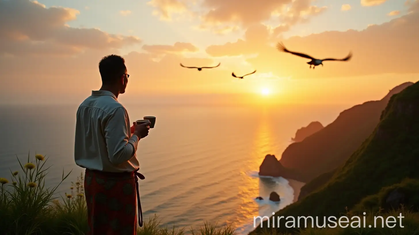 Balinese Man at Sunrise Cliff with Eagles and Coffee