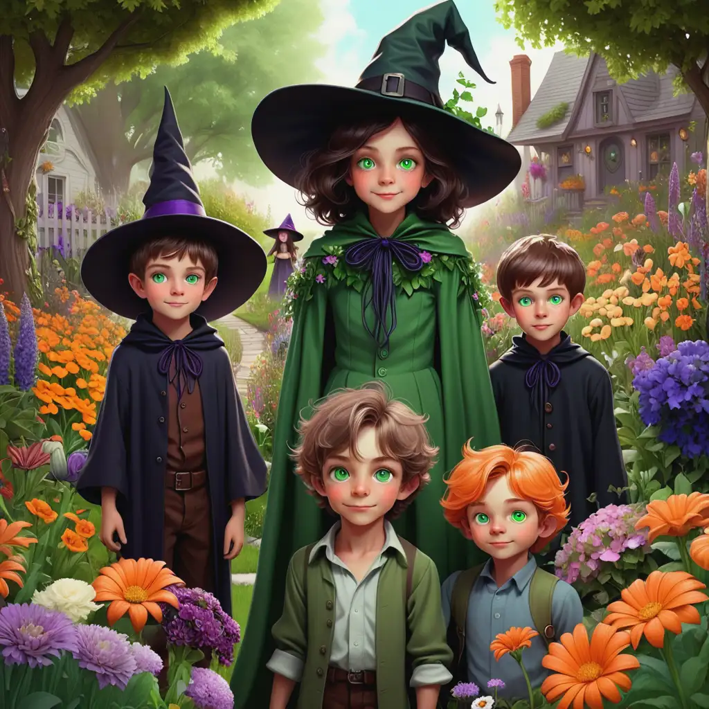 A beautiful garden of flowers a little man with green eyes and a witch and two boys