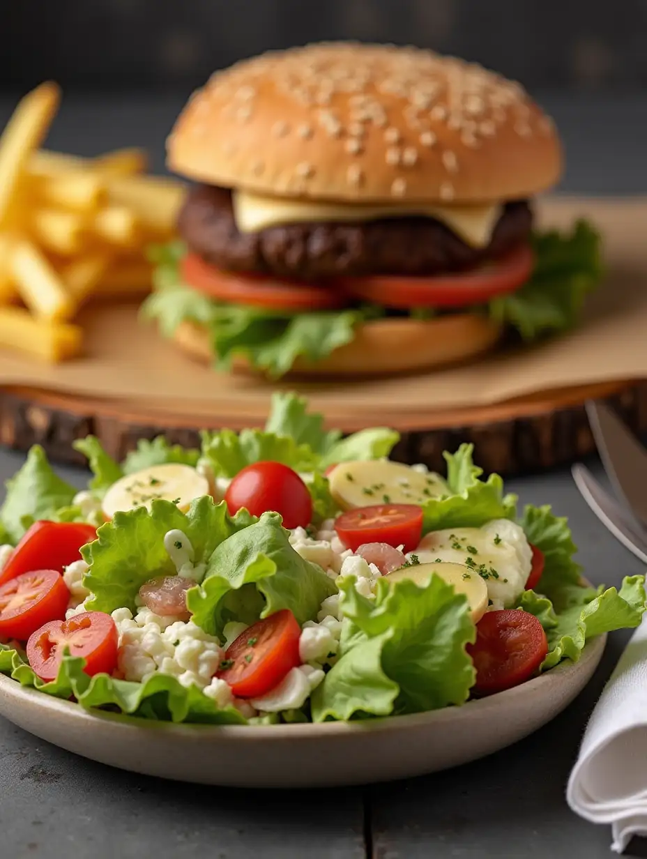 a hamburger next to a plate full of salad