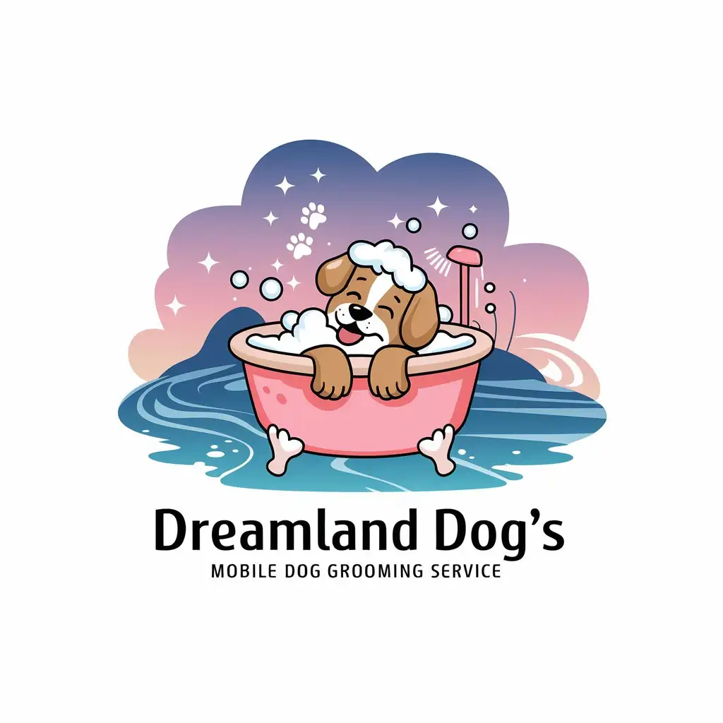 LOGO-Design-for-DreamLand-Dogs-Cheerful-Dog-in-Bubbly-Bath-with-Paw-Prints-and-Stars