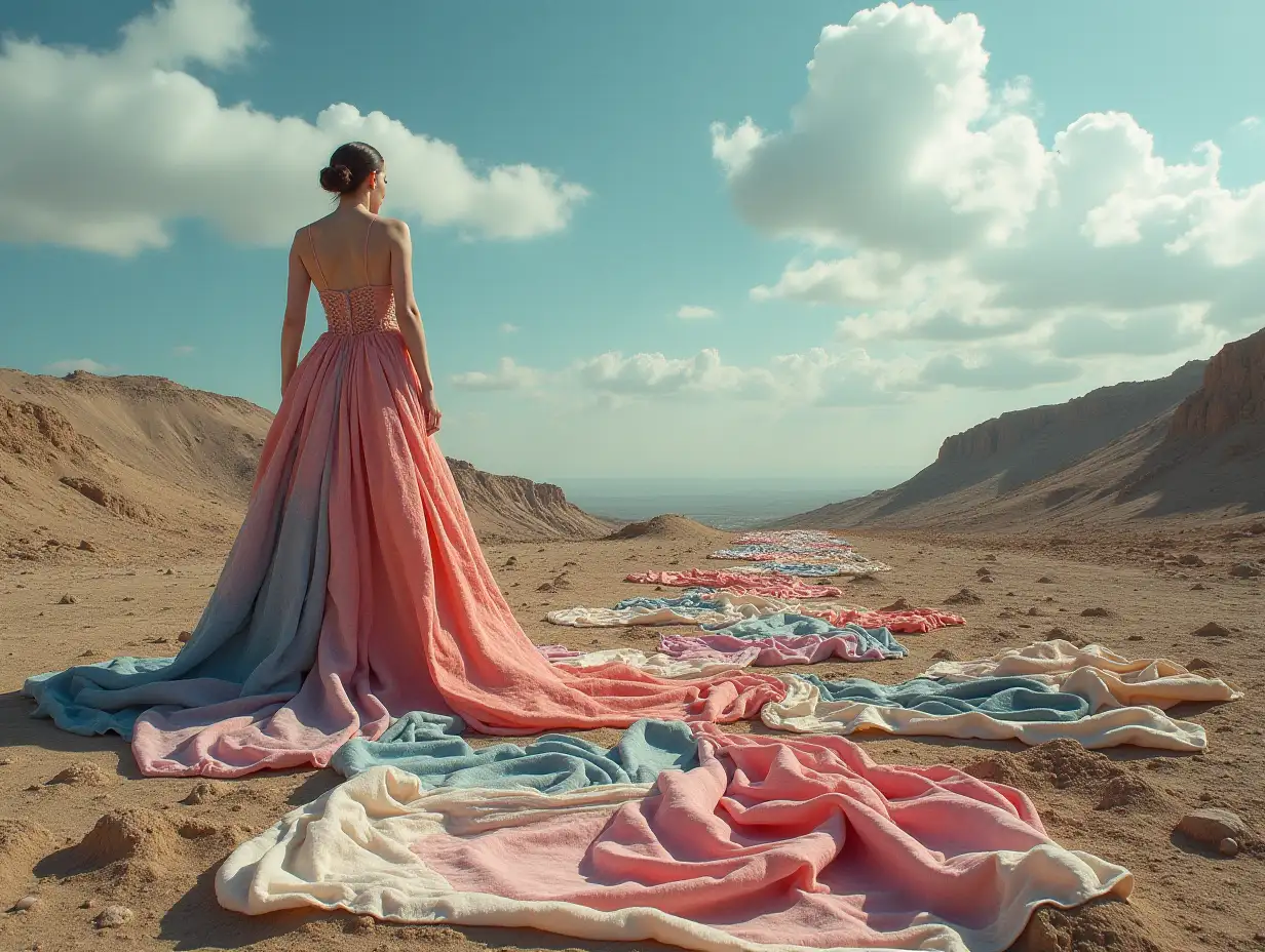 Generate a dreamlike scene where fabrics unravel into barren wastelands, symbolizing the environmental degradation linked to fast fashion and its overproduction.