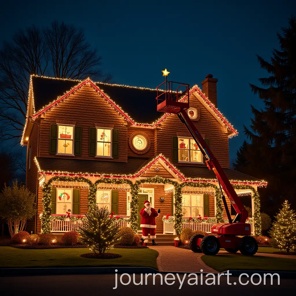 Elaborate-Holiday-Scene-with-Santa-Claus-Using-Cherry-Picker-to-Decorate-House