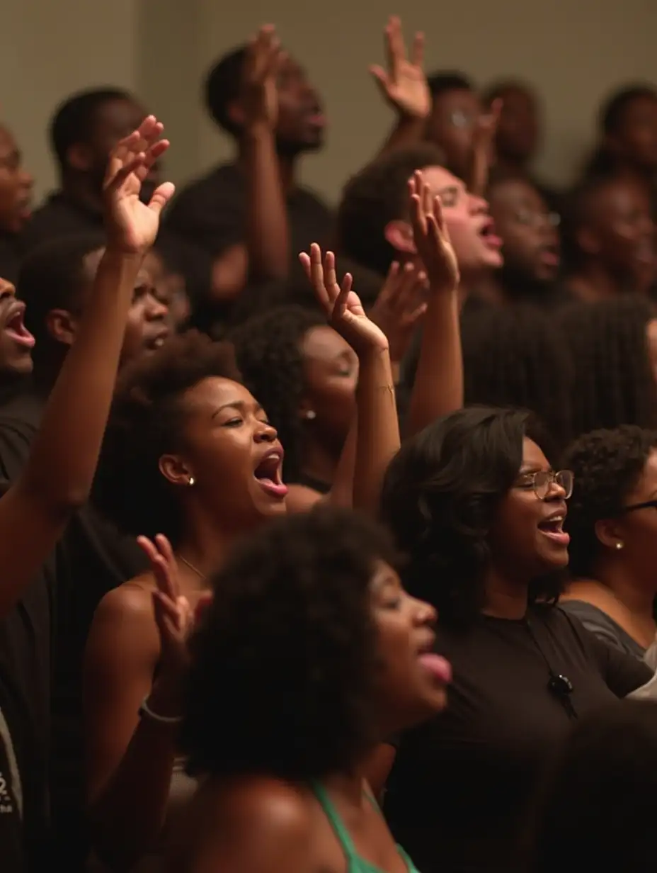 A choir of African people singing with passion, arms raised, in a church or gathering place.