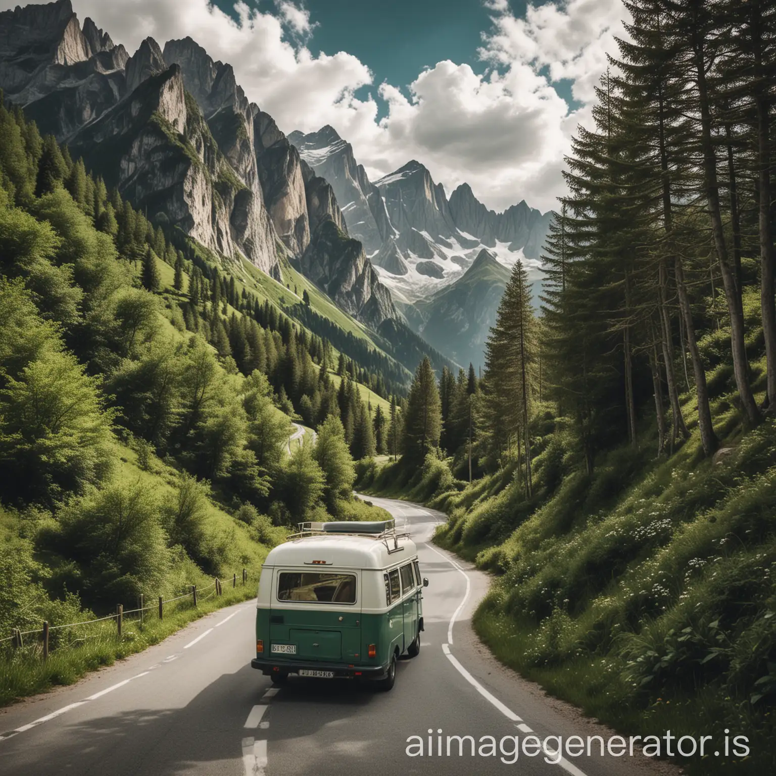 A vintage camper van driving on a winding road through a lush green alpine valley. In the background, dramatic mountain peaks rise sharply against a clear sky.
