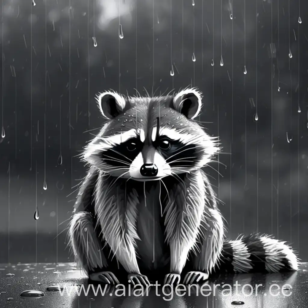 Sad-Raccoon-in-Rain-Reflective-Gray-Tones-of-Solitude