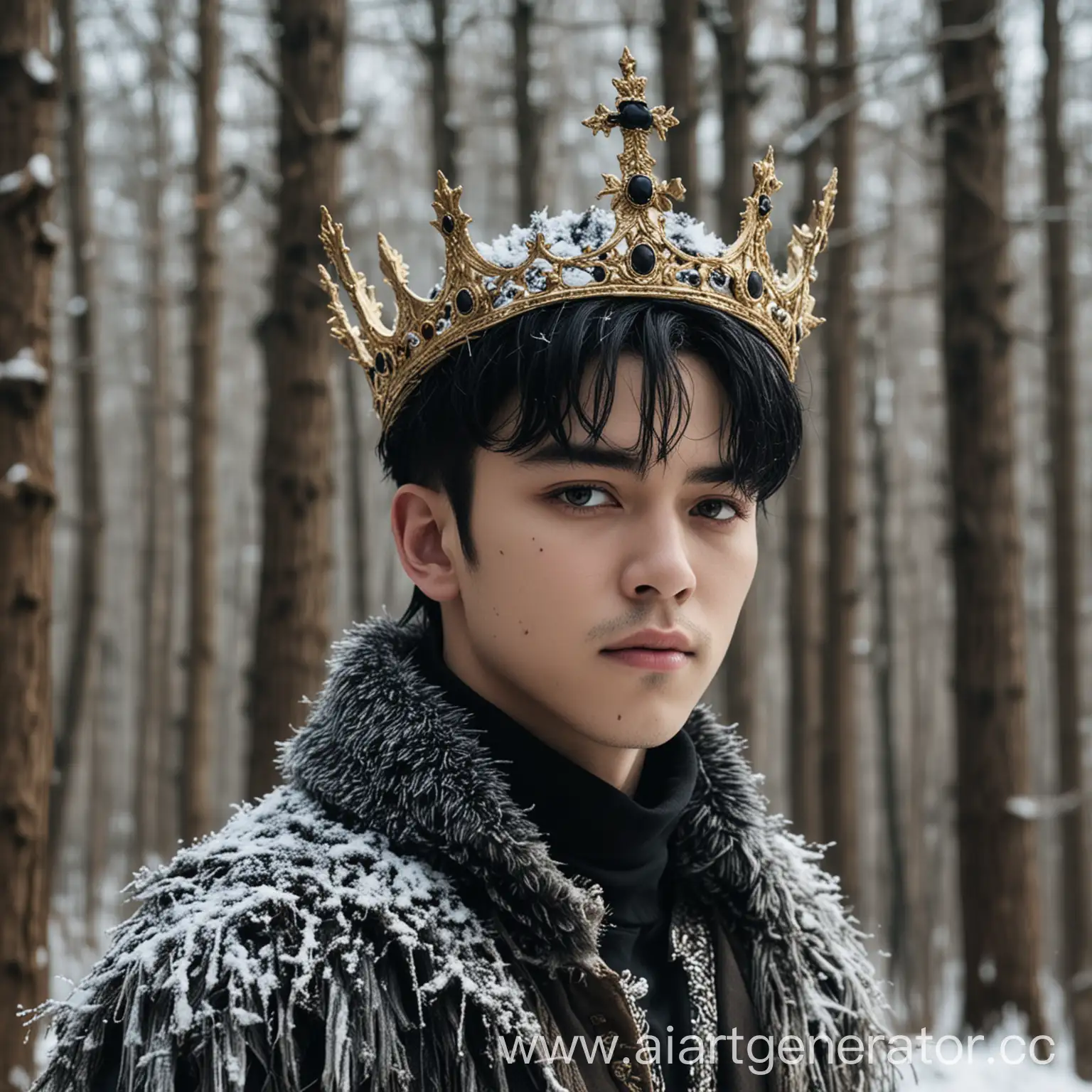 Vernon, a member of the group seventeen in the image of a king with black hair and a black crown on his head, stands in the forest in winter