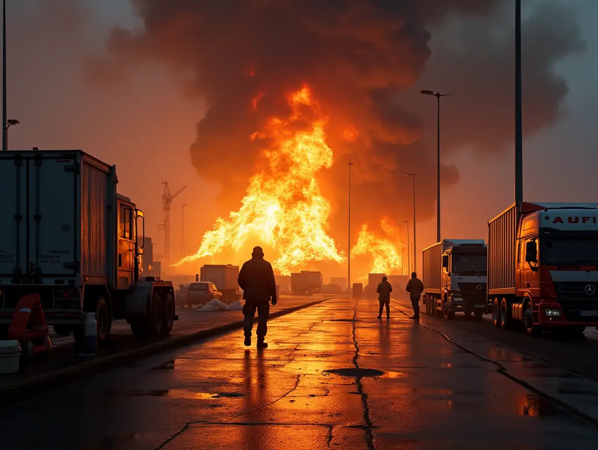 Image of an explosion at the dock and the escape of people, workers, and trucks