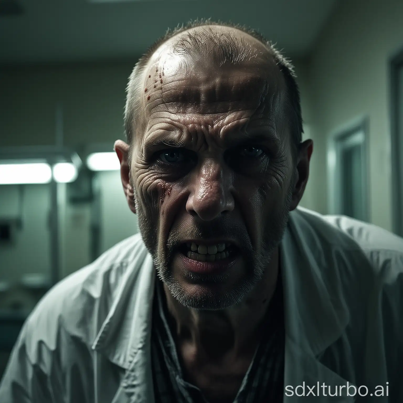 A high definition, scary photo of an aggressive man with a harsh disease in a hospital. The image must be photorealistic, mysterious, unsettling, revolting, realistic people, weird, horror, scary, atmospheric, night lights, dark, vivid colors, catchy, must pop and catch attention.