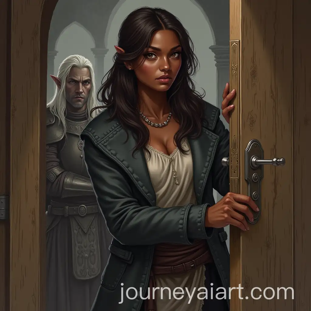 BlackSkinned-Girl-Rogue-Unlocking-a-Wooden-Door-in-a-Medieval-Inn-with-Watching-Elf