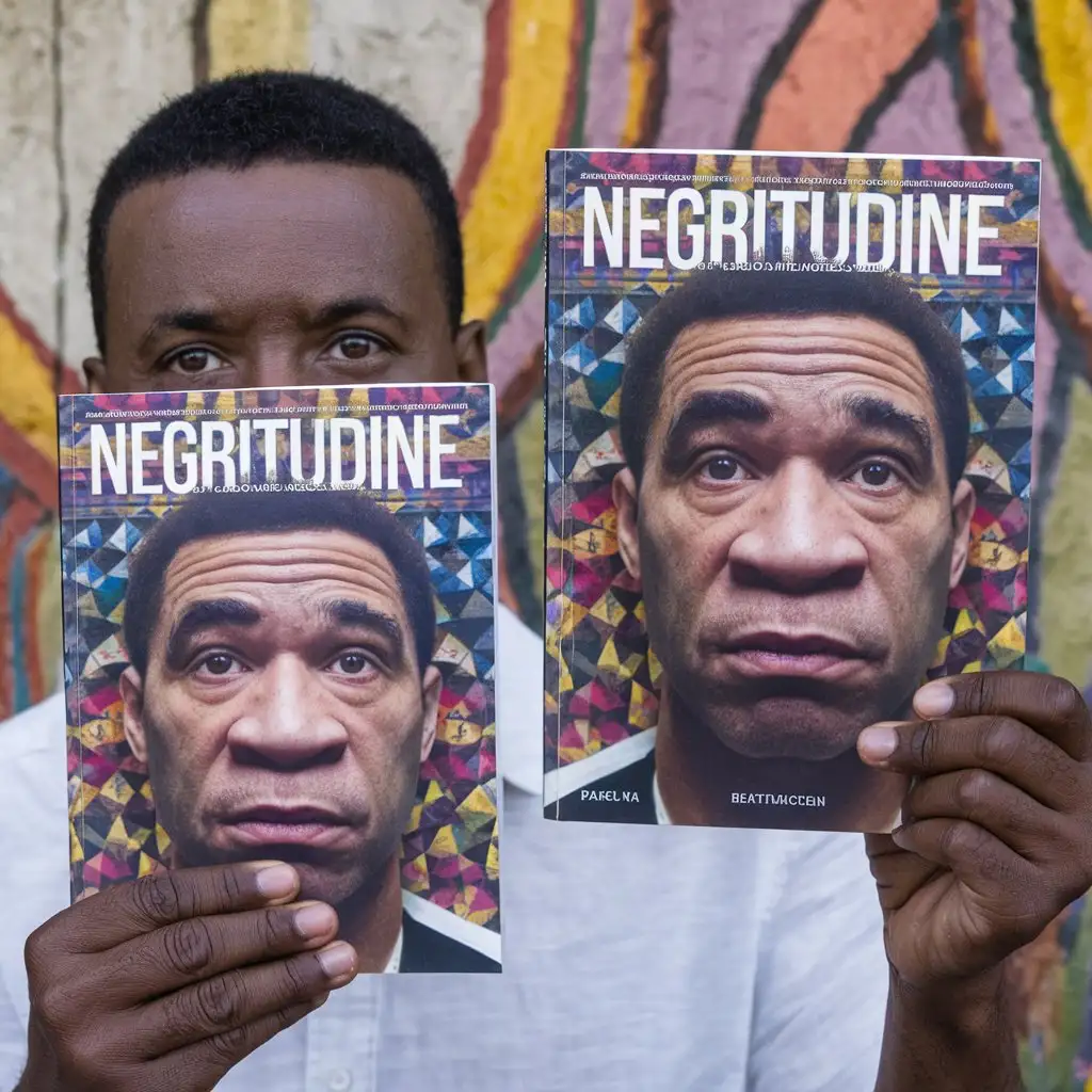 A man of color with a book in his hand titled 'Negritudine' and on the cover a man of color. Both extremely happy and with a very wide face and nose.