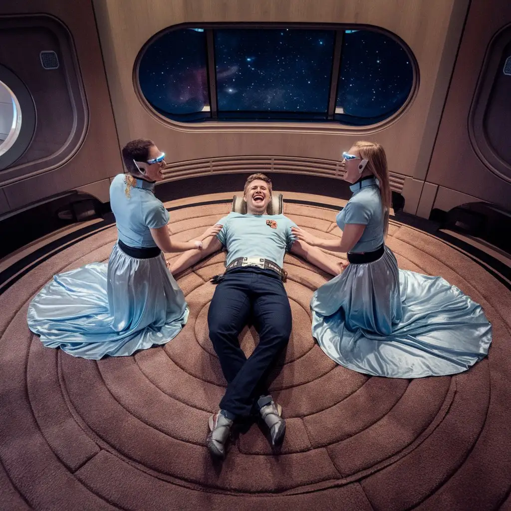 A view from the ceiling. A very large lounge room on a luxury spaceship. In the centre is a really huge futuristic padded carpet. A hysterically laughing man is lying on his back on massive circular  carpet on a luxury spaceship with stars outside the window. His legs are not visible to the camera, his arms are outstretched. A beautiful woman is kneeling on his right arm. she is wearing light blue tee shirts with  badge, wide silver belts, a very long light blue satin circle skirt. . she is wearing futurisitic spectacles. Her long satin  skirt is spread out in  a circle, which cover the mans right  arm. Another  beautiful woman is kneeling on his left arm. she is wearing light blue tee shirt with  badge, wide silver belts, a very long light blue satin circle skirt. . she is wearing futurisitic spectacles. Her long satin  skirt is spread out in  a circle, which cover the mans left   arm. 