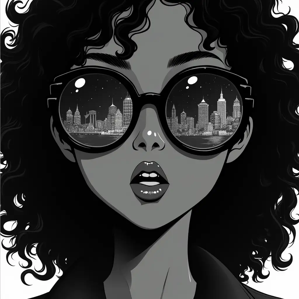 Punk-Rock-Woman-with-City-Reflections-in-Sunglasses-Studio-Ghibli-Inspired-Poster