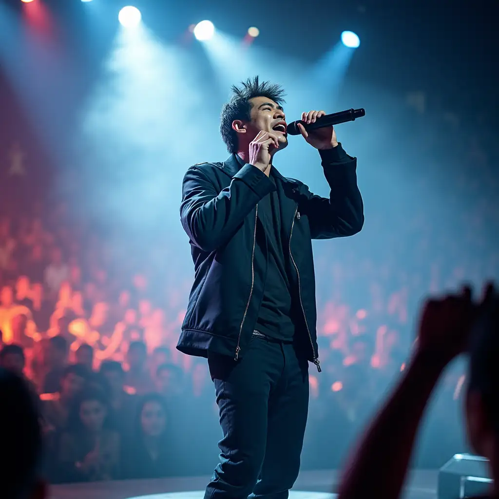 A Chinese male singer is passionately singing on stage, standing under the spotlight, holding a microphone, with an expressive face and charisma. There are multi-colored lighting effects on the stage and blurry audience seats in the background, creating an atmosphere full of energy and excitement. The singer wears fashionable performance clothes and messy hair, with a confident and powerful stance. There is fog or smoke effect on the stage, adding a sense of mystery and drama, and the whole scene is full of dynamics and rhythm of music.