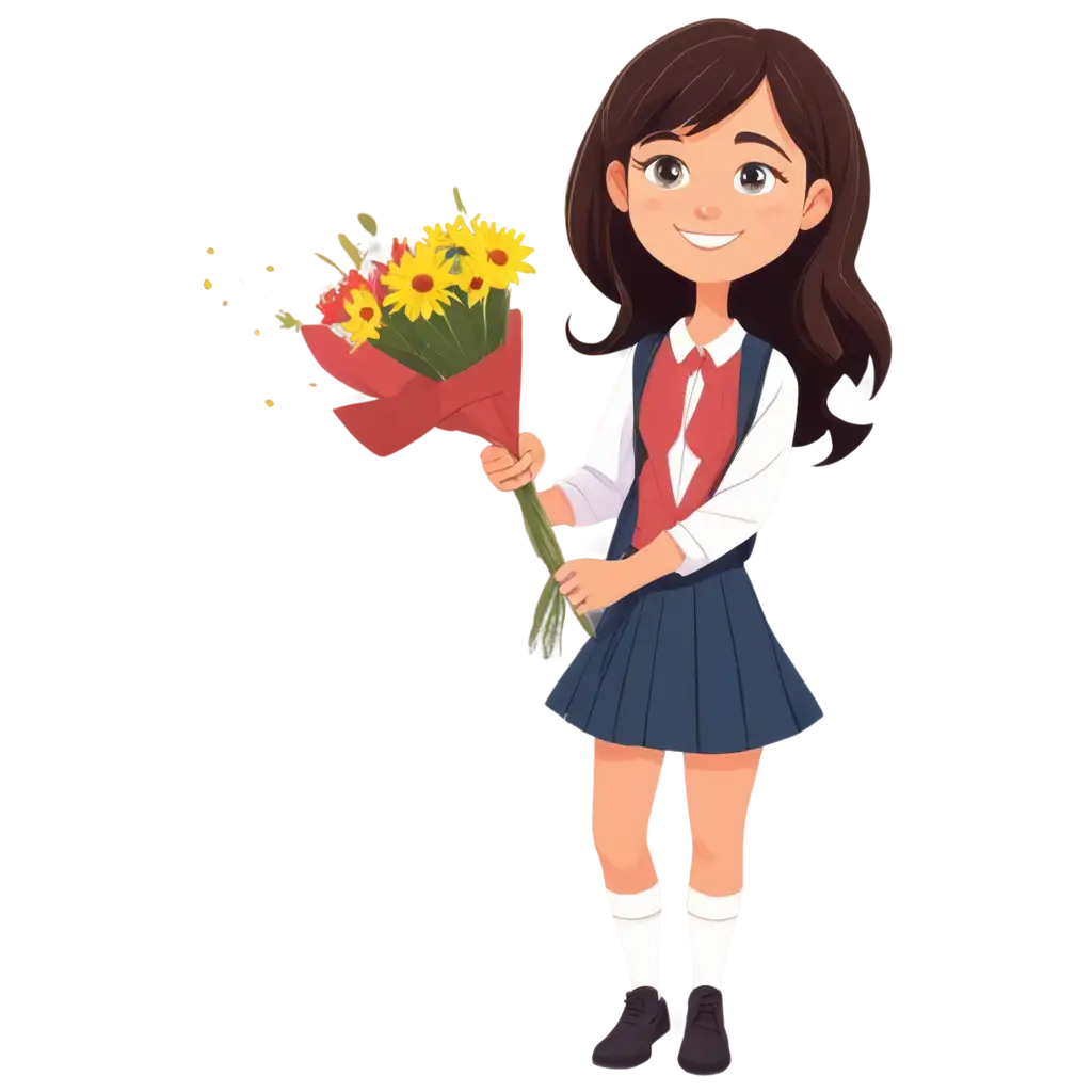 Cheerful-Schoolgirl-with-Bouquet-of-Flowers-PNG-Image-Cartoon-Style-Illustration