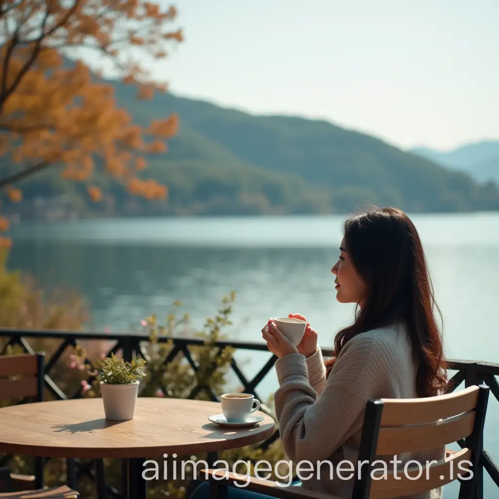 40YearOld-Korean-Woman-Enjoying-Coffee-at-Lakeside-Cafe-in-HighQuality-Documentary-Style