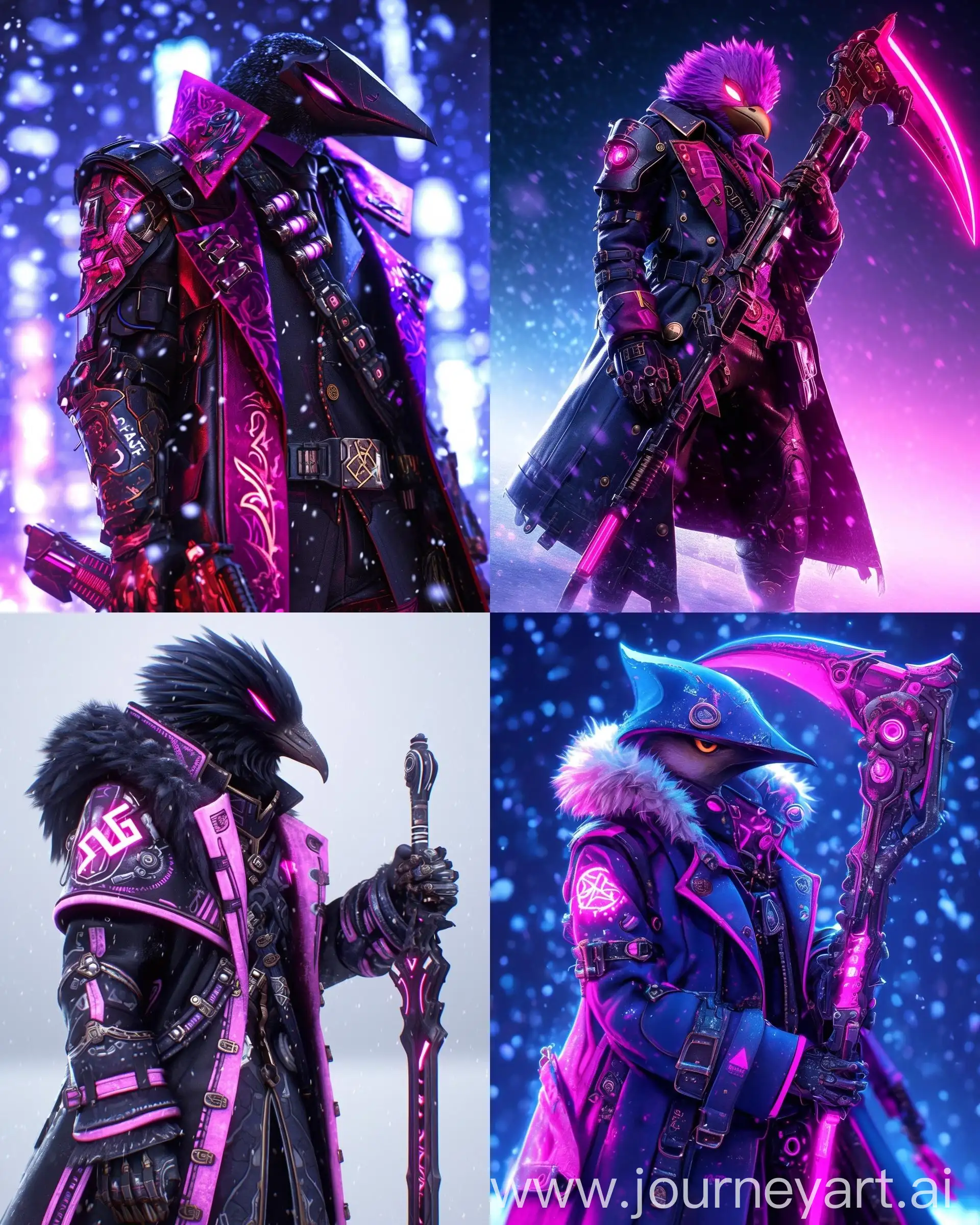 Cyberpunk-Penguin-Character-with-Scythe-in-a-Neon-Snowy-Landscape