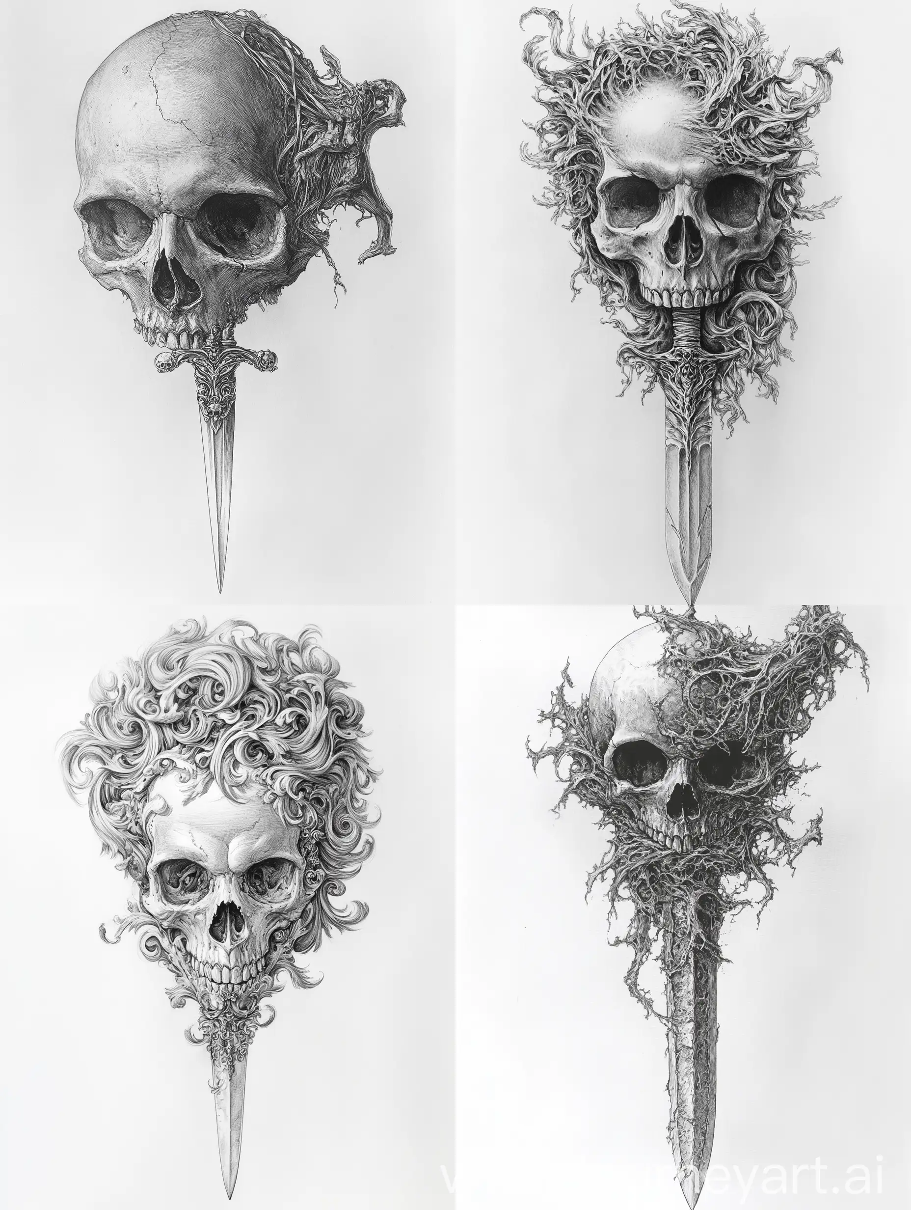 Intricate-Pencil-Art-of-Skull-and-Dagger-Formed-by-Hair-Lines