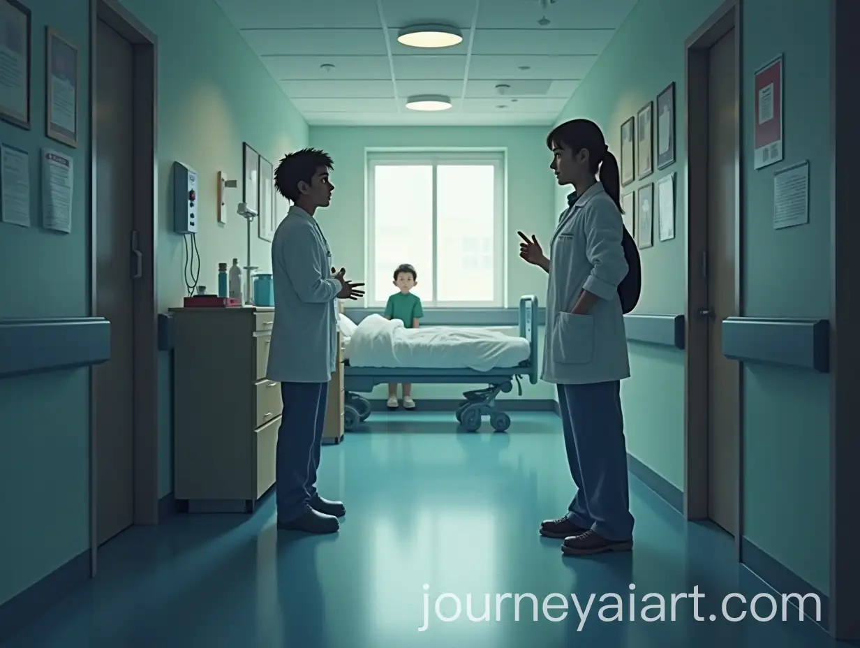 Teacher-and-Nurse-Discussing-Patient-Care-in-Hospital-Corridor