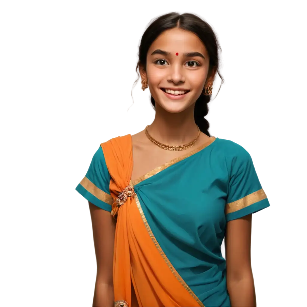 Vibrant-South-Asian-Girl-in-Traditional-Saree-PNG-Image-with-Expressive-Features-and-Bold-Colors