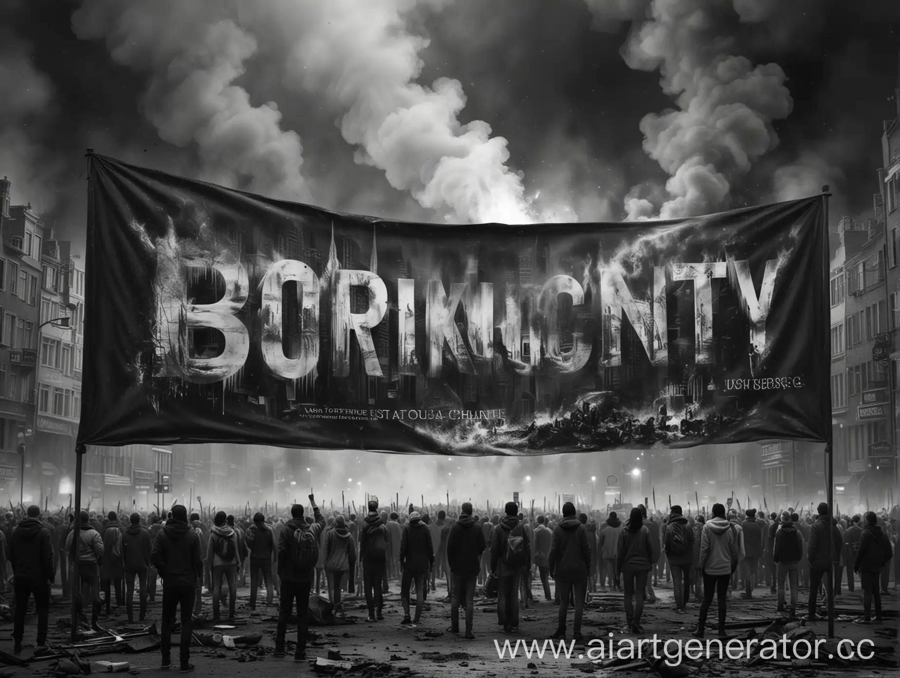 People-Holding-Banner-in-Burning-City-with-Special-Inscription