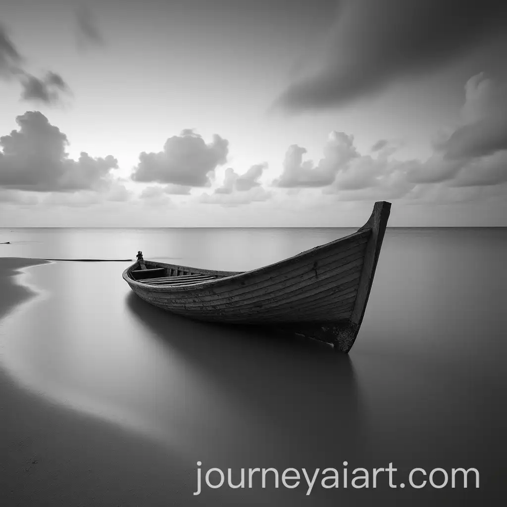 Long-Exposure-Black-and-White-Photograph-of-Broken-Boat-in-Lagoon-with-Moving-Clouds