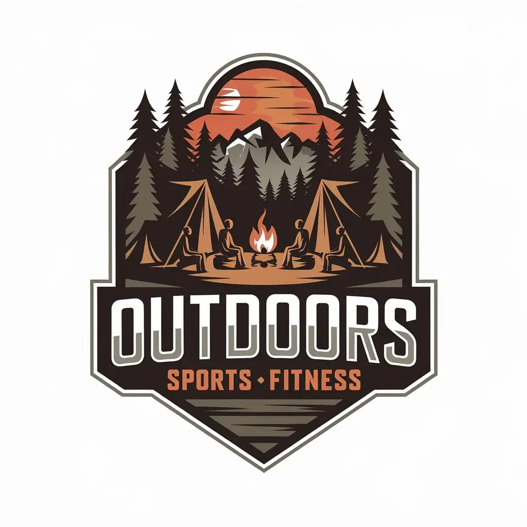 a vector logo design,with the text "OUTDOORS", main symbol:Woods, campfires, camping, people sitting around campfires, sunset, distant mountains,,complex,be used in Sports Fitness industry,clear background