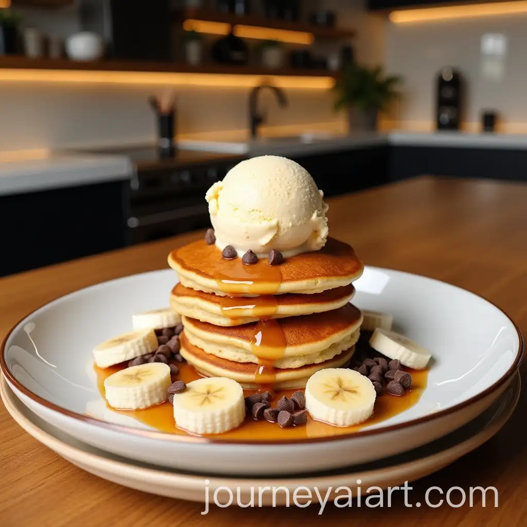 Delicious-Pancake-Stack-with-Butterscotch-Ice-Cream-and-Bananas-on-a-Cozy-Wooden-Table