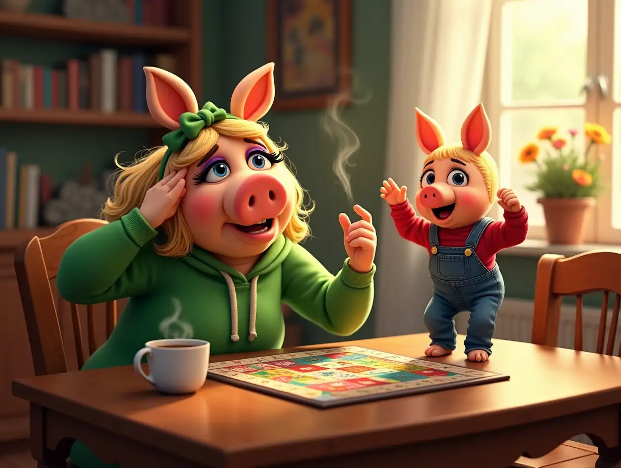 Miss Piggy, a cheerful anthropomorphic pig with blonde hair tied in a green bow, sits at a wooden dining table wearing a green hoodie. She leans back in her chair, raising one hand to her forehead in an exaggerated dramatic pose, pretending to be distressed. Her other hand holds a steaming mug of coffee. Across from her, Oliver, a young piglet with short blonde hair, wearing blue overalls and a red sweater, stands on his chair, still cheering and pointing at the colorful board game in excitement. The cozy room is bathed in warm sunlight streaming through a window with sheer curtains, with bookshelves and a vase of flowers in the background.