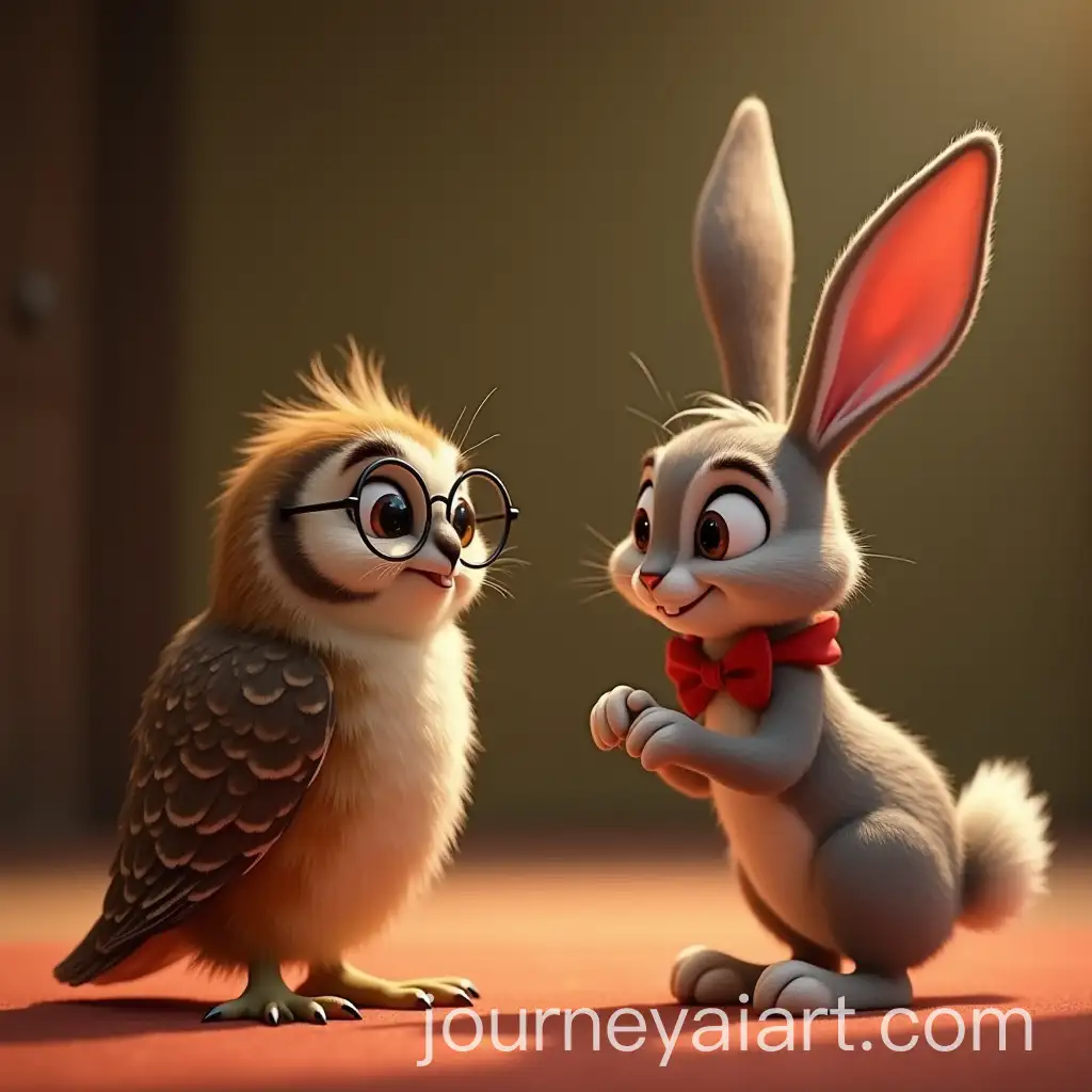 Owl-with-Glasses-and-Rabbit-with-Red-Bow-Tie-in-Pixar-Style