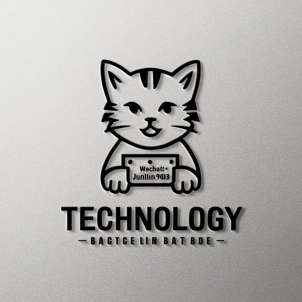 a vector logo design,with the text "Technology", main symbol:A kitten with a plaque in his hand that reads: WeChat: junlin9403,complex,be used in Internet industry,clear background