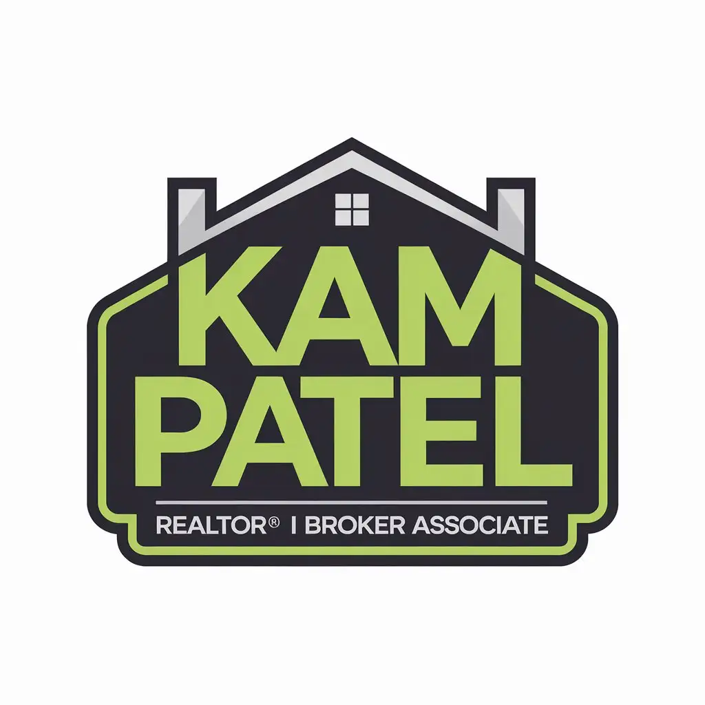 LOGO Design for Kam Patel Vibrant Green with Modern Grey and Real Estate Icon