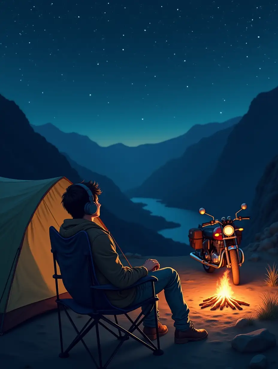 An anime-style drone-shot view of a tranquil mountain campsite at night, with a handsome young adult sitting on a camping chair near his tent, enjoying music through headphones. The scene captures his back as he leans slightly into the chair, exuding calm and introspection. A warm campfire crackles nearby, casting a soft, golden glow that contrasts beautifully with the dark, star-studded sky above. His stylish outfit, including a fitted jacket and rugged jeans, enhances his confident, adventurous aura. A short distance away, his Royal Enfield motorcycle stands parked with travel bags strapped on, completing the sense of a solo journey. The surrounding terrain features rocky mountain slopes and a peaceful valley below, illuminated faintly by the flicker of the fire and the brilliance of countless stars in the inky night sky.