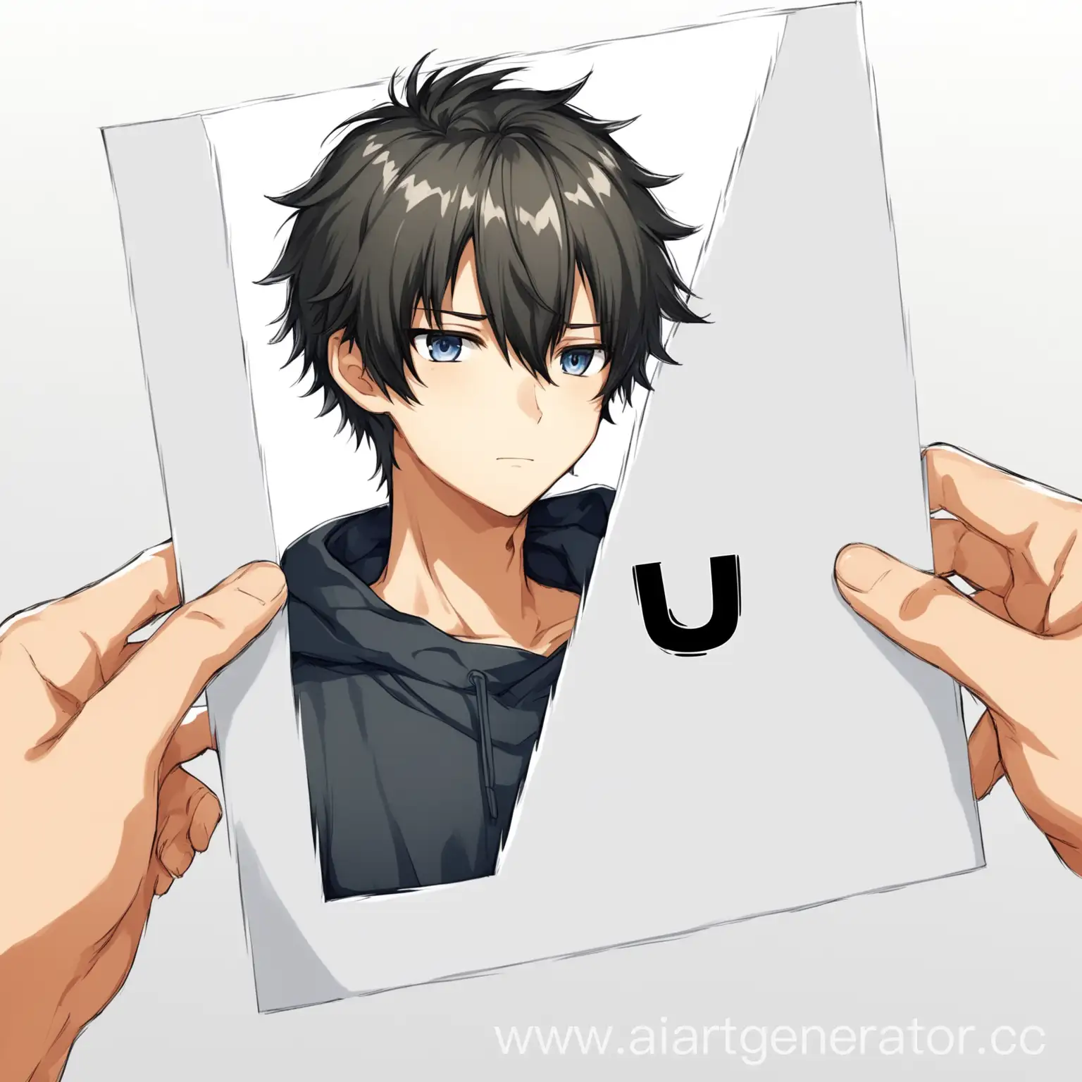 Anime boy art, white background, use the letter 'U' to make it fit harmoniously with the art