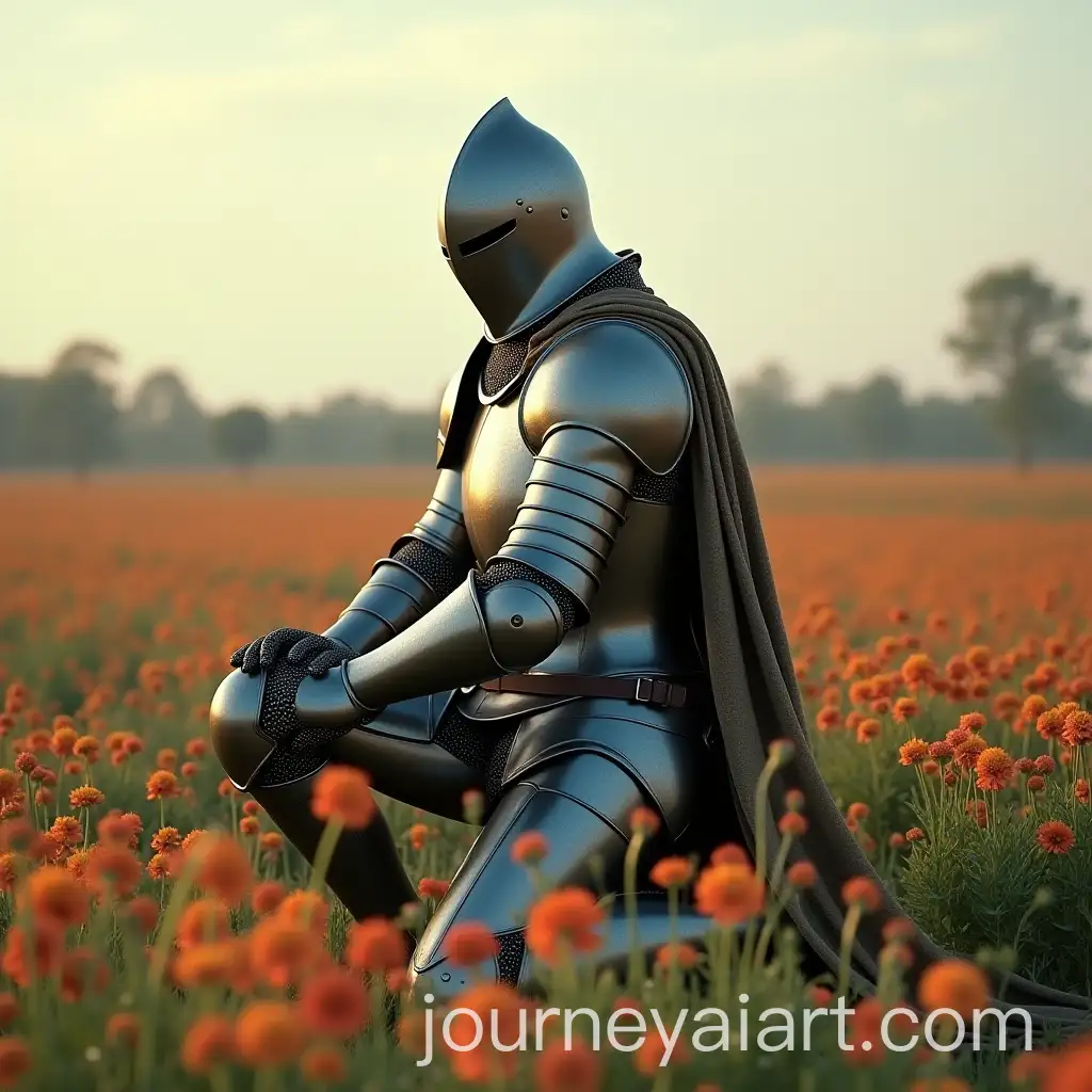 Knight-in-Full-Armor-Kneeling-in-a-FlowerFilled-Field