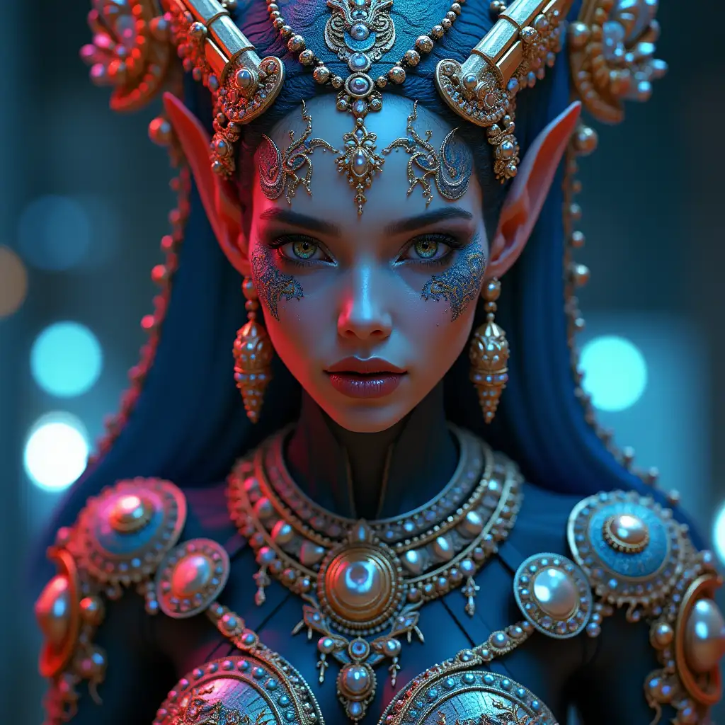 Hyperrealistic depiction of a beautiful alien queen wearing intricately detailed, colorful and futuristic jewelry. Night light background  full body