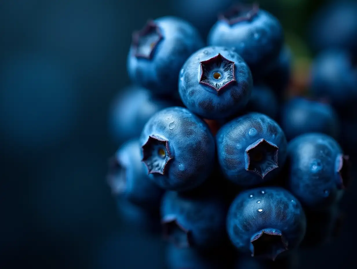 A professional photograph of a close-up blueberry cluster, each indigo berry showing a dusty bloom and dimples, water droplets clinging to their curves. Shallow depth of field, one berry sharply focused, others softly blurred against a dark background. Vibrant colors, thick fog, soft contrast and saturation, lively and energetic feel. Associated Press style, Photo of the Year quality.