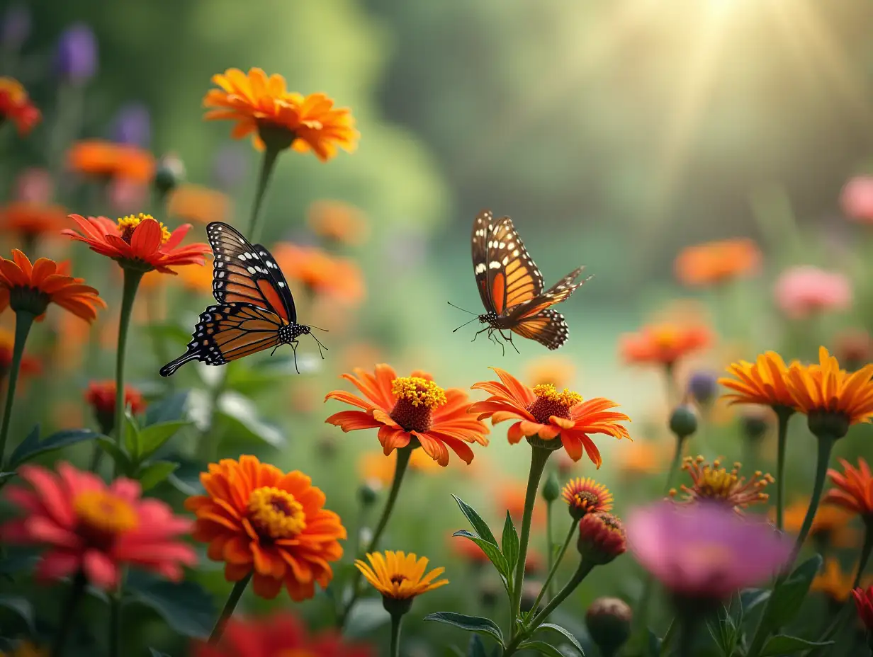 A garden blooming , birds and butterflies flying around