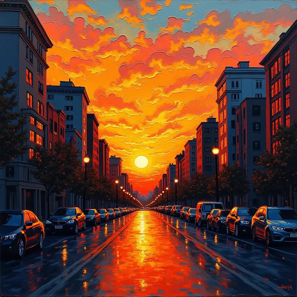 Vibrant Sunset Cityscape with Influences from Keith Haring and Vincent van Gogh