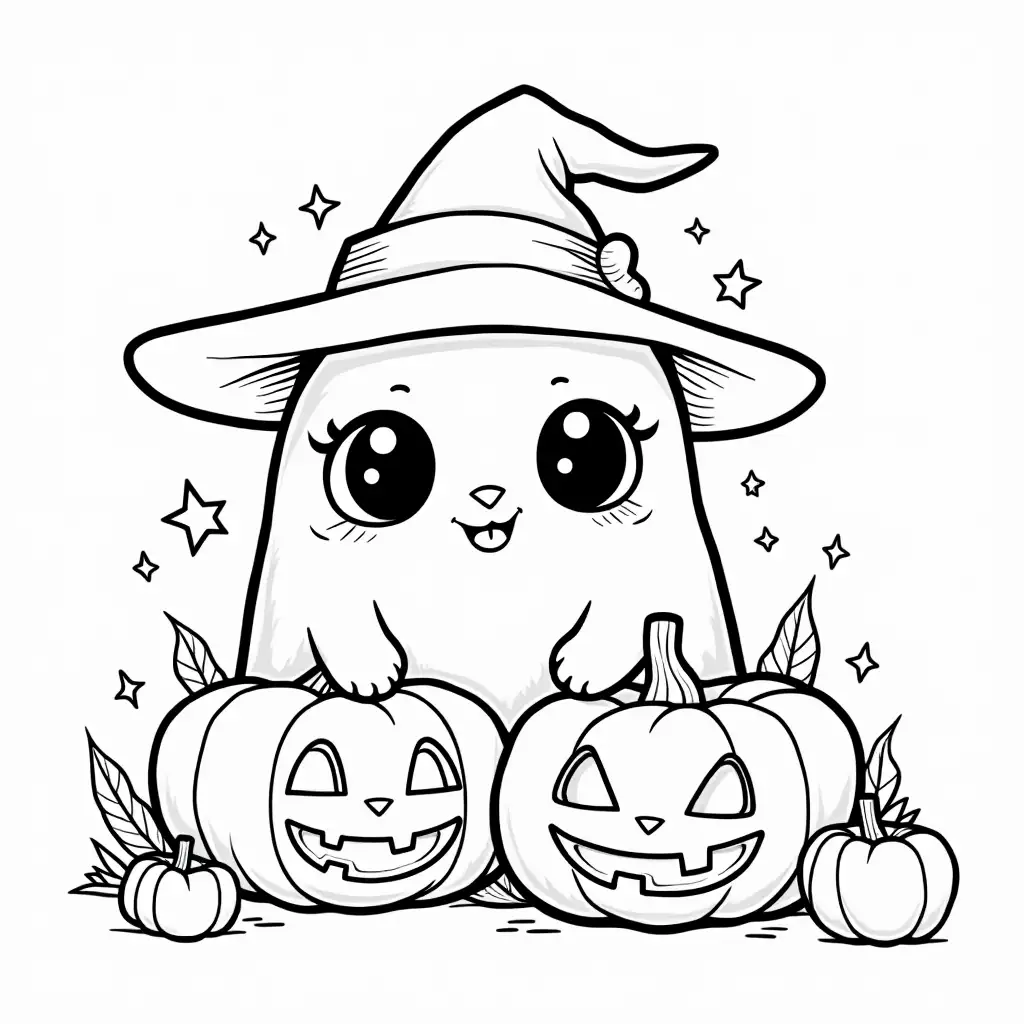 Cozy Halloween Coloring Page for Adults and Teens in Kawaii Cartoon Style