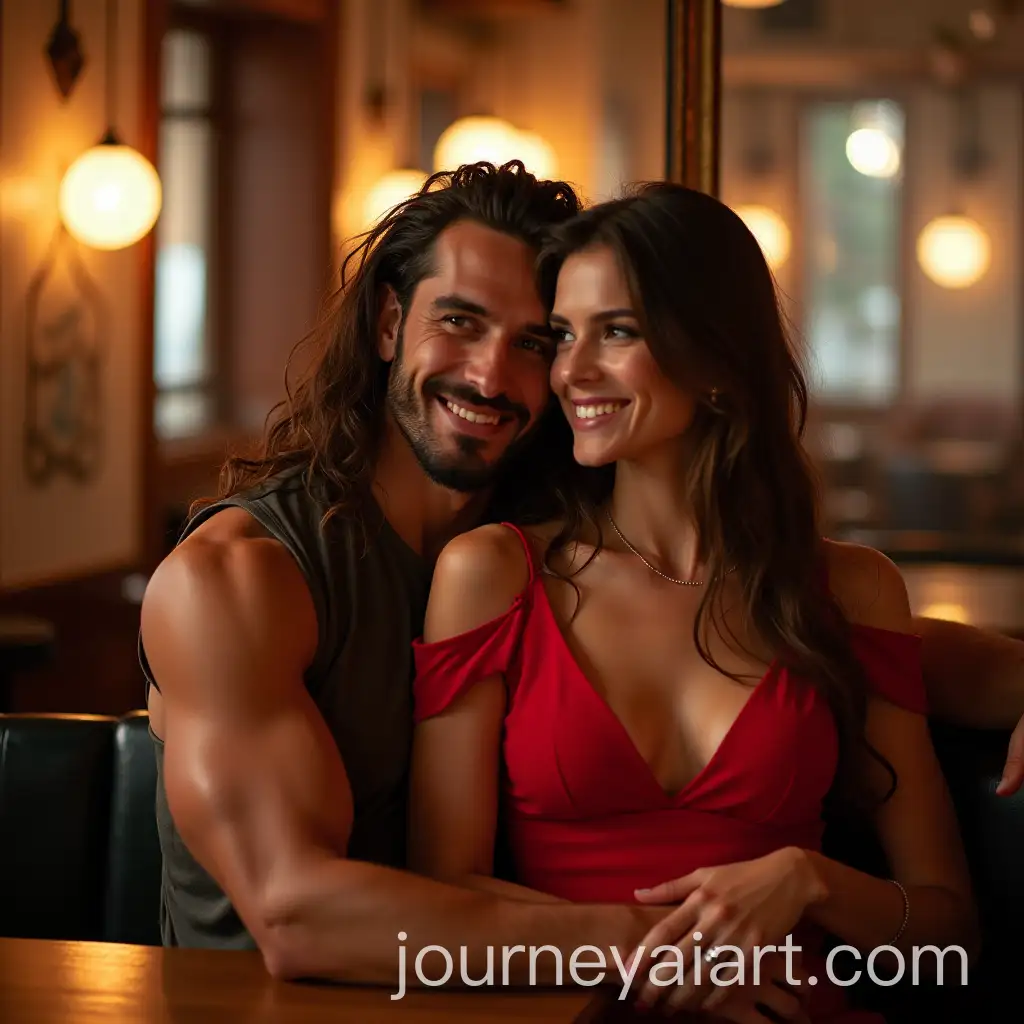 Muscular-Arab-Man-with-Long-Hair-Embracing-Ukrainian-Woman-in-Red-Dress-at-Caf