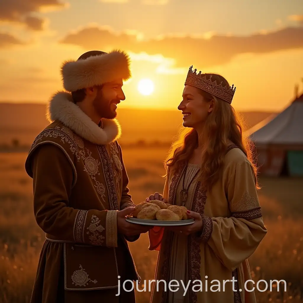 Golden-Prince-and-Princess-Baking-Magical-Bread-at-Sunrise-in-Kazakh-Steppe