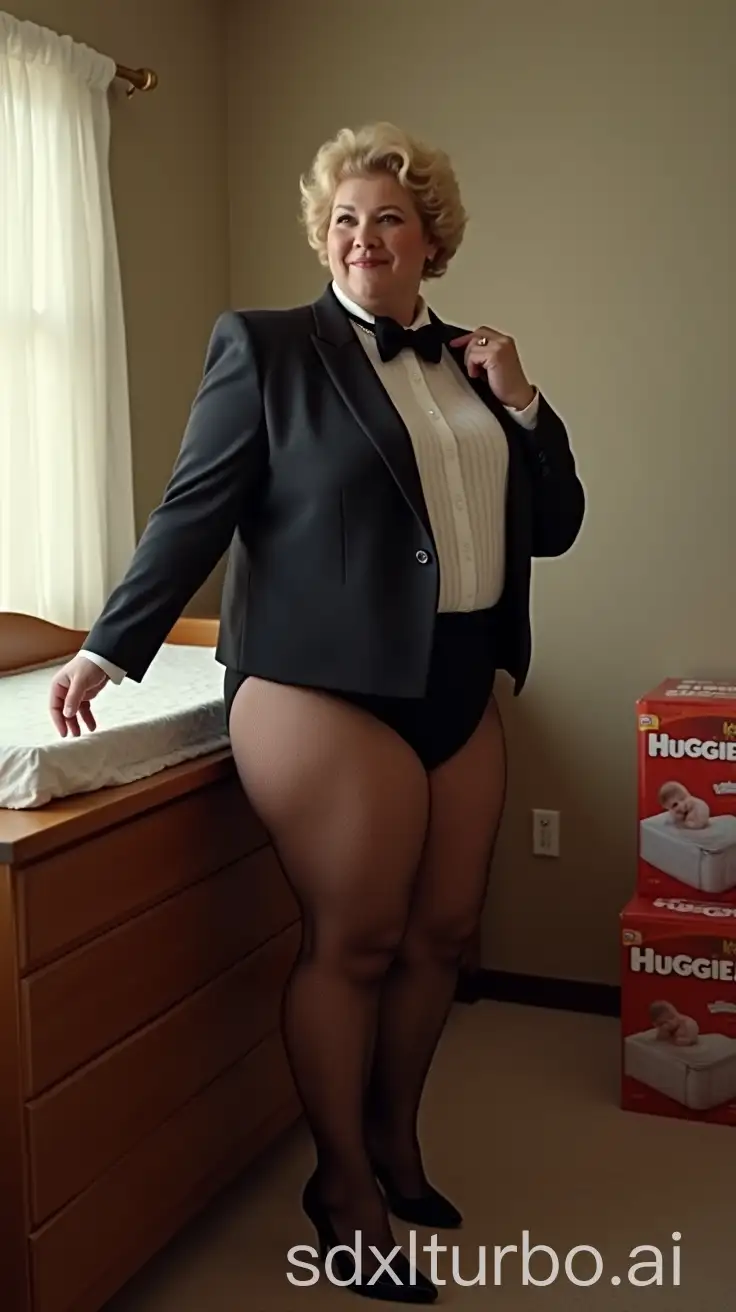 MiddleAged-Woman-in-Formal-Tuxedo-Standing-by-Changing-Table-with-Huggies-Diapers