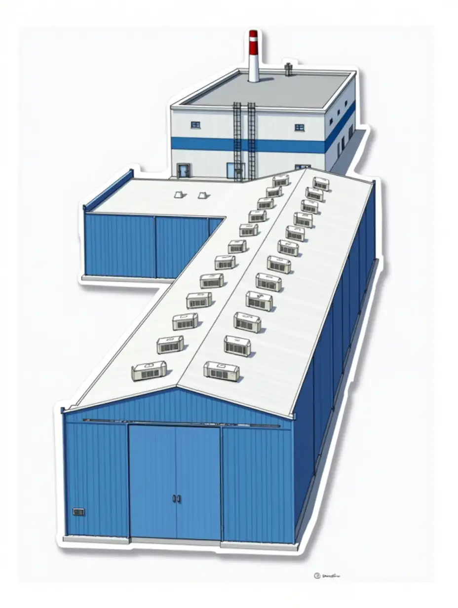 A 2 large, long blue hangar with a gray roof, dozens of small white rectangular air conditioning units in a row along the edges of the roof, and dozens of small ventilation pipes along the central axis of the roof. A two-level blue extension is attached to the hangar, the top of the second tier of the extension is white. in the background is a detached factory building, it is higher than the hangar building and its walls are completely solid white, on one side there is an external fire escape ladder along the wall, the front side of the building with a wall painted in a vertical blue line, a white line in the center and another vertical blue line. The roof of the building is flat and gray, with one white chimney with two red stripes in the center of the roof. Sticker design - top view, high resolution, vector graphics, white background, paint anime style.