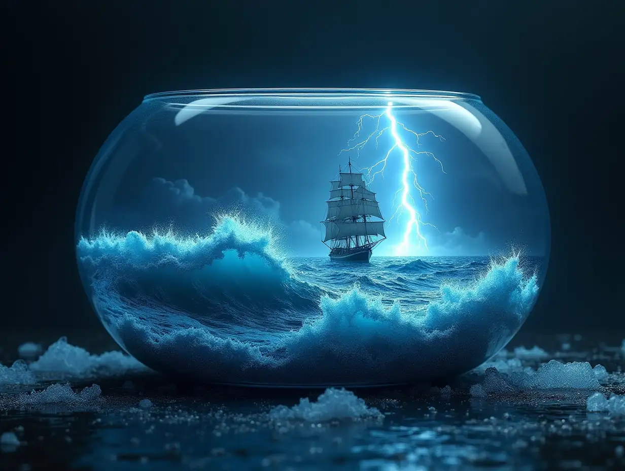 Create an oval glass container with an ocean of large waves, a big sailing ship and lightning 4K resolution