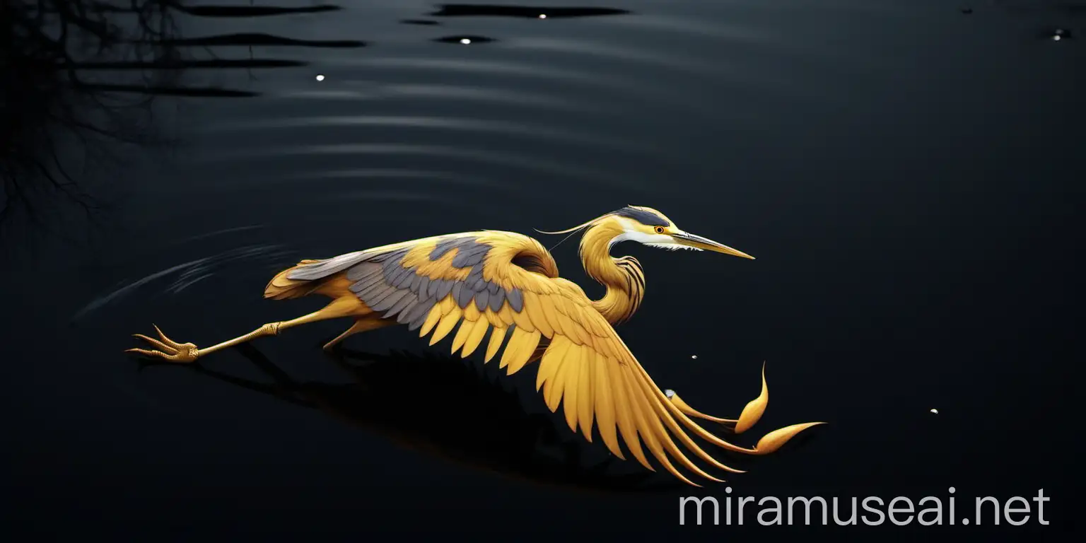 Golden Heron Feathers Floating on Urban Pond Water