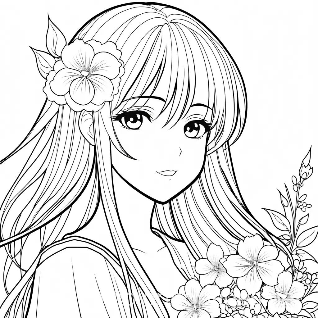 a anime girl with beautiful flowers in her hand hair without color , Coloring Page, black and white, line art, white background, Simplicity, Ample White Space