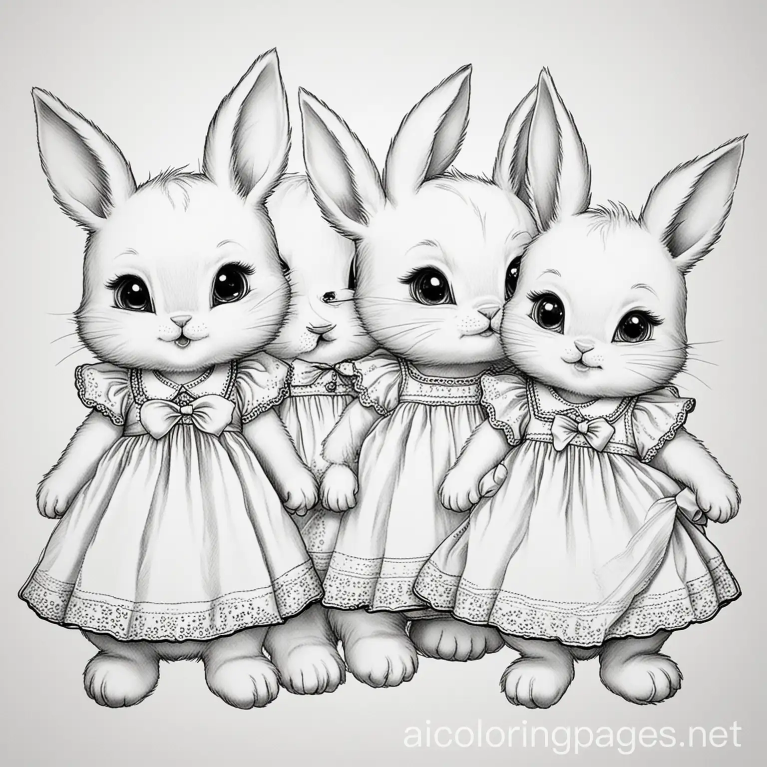 Baby-Bunnies-and-Kittens-Coloring-Page-Line-Art-with-Dresses-Black-and-White