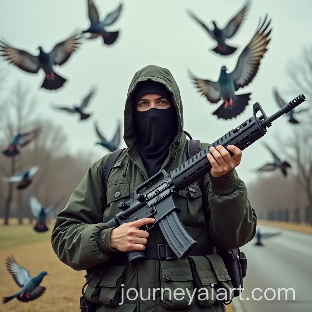 Vibrant-Scene-of-Armed-Pigeons-in-Urban-Warfare