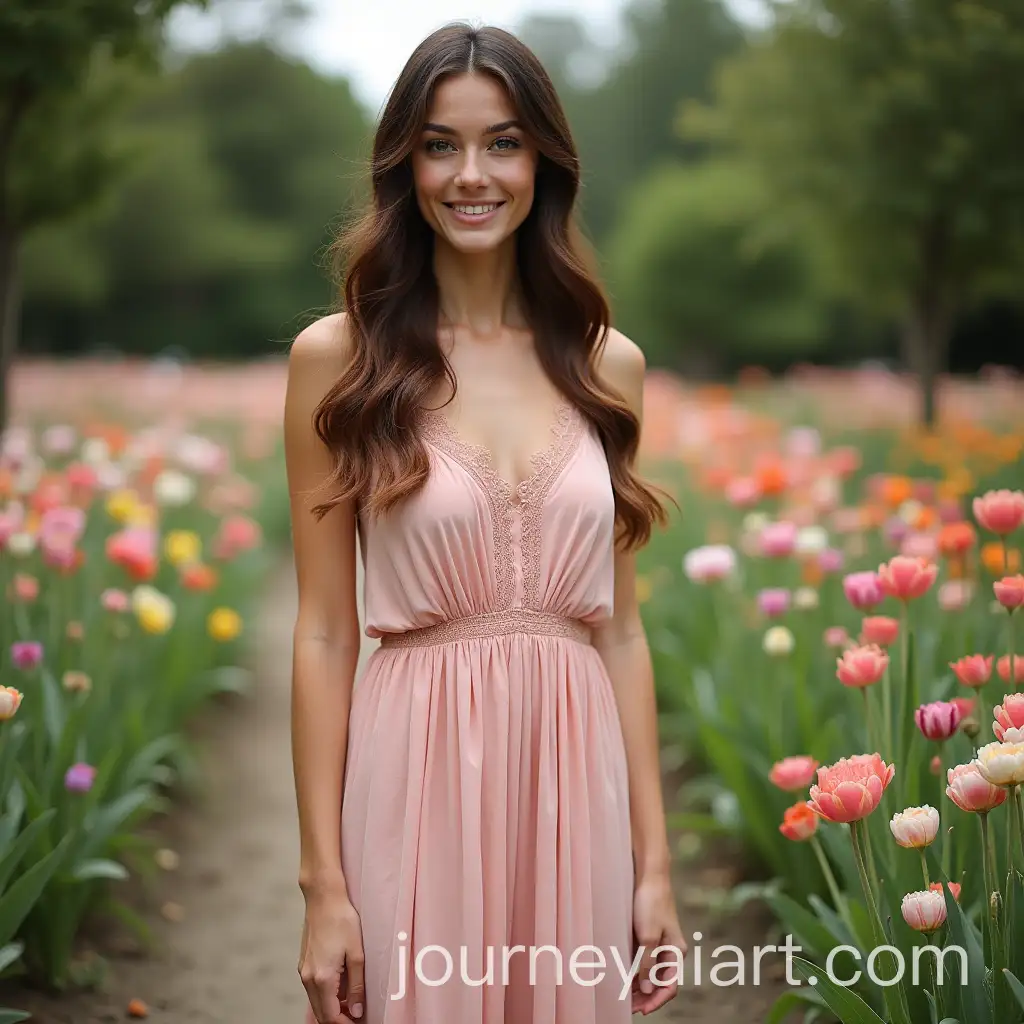 Brunette-Woman-Standing-in-Garden-Among-Flowers